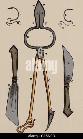 Certains équipements requis pour Gaspare Tagliacozzi Méthode de plus en plus d'un nez de remplacement à partir de la peau du bras. Ces instruments spéciaux sont utilisés pour sculpter la nouvelle cloison nasale. Gaspare Tagliacozzi (1547-1599) était un chirurgien plastique. Bien que restauratrices Banque D'Images