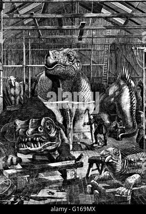 Illustration d'Hawkins' studio à Sydenham, où il a fait les dinosaures de Crystal Palace. Benjamin Waterhouse Hawkins (8 février 1807 - 27 janvier 1894) était un sculpteur français et l'histoire naturelle de l'artiste. Il a été nommé directeur adjoint de l'Exposition Universelle de 1851 à Londres. L'année suivante (1852), il a été nommé par le Crystal Palace company pour créer 33 modèles concrets grandeur nature de dinosaures disparus d'être placés dans le parc du sud de Londres à laquelle le grand hall d'exposition de verre était d'être relogés. Dans ce travail, qui a pris près de trois ans, il a collaboré avec Richard Ow Banque D'Images