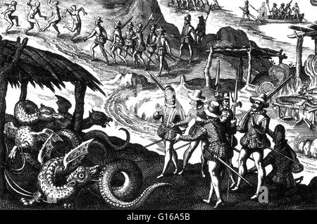 Les Indiens le rôtissage des Dragons, 16ème siècle. Theodor de Bry gravure qui décrit l'arrivée des Espagnols en Amérique pour découvrir que les Indiens vivent sur les dragons. L'un est le grillage à l'arrière-plan, tandis que les espagnols regardent avec stupéfaction à Banque D'Images