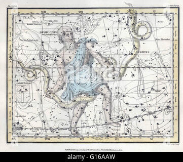 Ophiuchus est une grande constellation situé autour de l'équateur céleste. Il est généralement représenté comme un homme tenant le serpent qui est représenté par la constellation du Serpent. Serpens est unique parmi les constellations modernes en étant divisé en deux Banque D'Images
