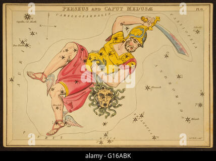 Tableau montrant l'astronomie Perseus holding épée sanglante et la tête tranchée de Méduse formant la constellation. Persée portant la tête de Méduse la gorgone. Perseus est une constellation dans le ciel du nord, nommé d'après le héros Persée. C'est sur Banque D'Images