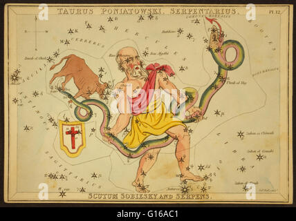 Tableau astronomique montrant un homme aux prises avec un serpent, à la fin de laquelle est un taureau et un bouclier portant une croix formant les constellations. Ophiuchus est une grande constellation situé autour de l'équateur céleste. Il a été anciennement dénommé Banque D'Images