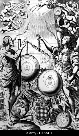 L'Almagestum Novum, Riccioli (1651), représentant Uranie, la muse de l'astronomie, en pesant les systèmes rivaux de Copernic, dans laquelle la terre se déplace autour du soleil, et Riccioli lui-même, dans laquelle la terre reste immobile au centre de l'univers. T Banque D'Images