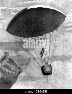 Imprimer montre Garnerin, premier homme à descendre dans un parachute, debout dans la gondole de son parachute qui agitait un drapeau français après la libération de son ballon dégonflé (indiqué à gauche). André-Jacques Garnerin (Janvier 31, 1769 - Août 18, 1823) était un aéronaute Banque D'Images