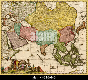 Frederick de Wit (1629/1630 - 1706) était un cartographe et l'artiste qui a dessiné, imprimé et vendu des cartes. Carte de l'Asie du sud et du sud-est, le nord de la ligne de côte de Guinée, le sud de la ligne de côte du Japon et de la pointe du nord de l'Australie est illustré. Montre l'étendue de Banque D'Images