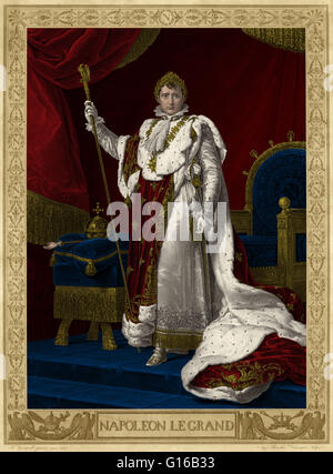 Gravure de 1805 intitulée "Napoléon Le Grand." Napoléon Bonaparte (1769-1821) était un chef politique et militaire française au cours des dernières phases de la Révolution française. Comme Napoléon Ier, il fut empereur de France de 1804 à 1815. Il est surtout connu pour Banque D'Images