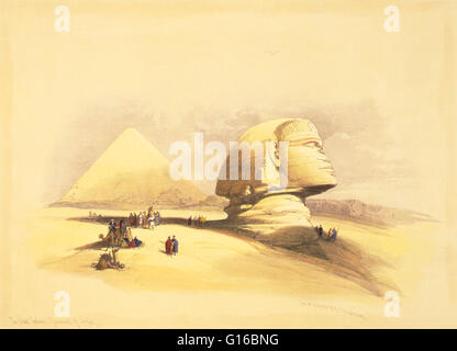 Intitulé : 'Le grand Sphinx, pyramides de Girzeh'. Artiste David Roberts, 1839. La nécropole de Gizeh (pyramides de Gizeh) est un site archéologique sur le plateau de Gizeh, dans la banlieue du Caire, Égypte. Ce complexe de monuments anciens comprend les trois pyram Banque D'Images