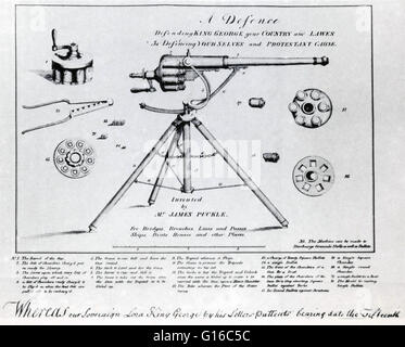 Le brevet 1718 James Puckle mitrailleuse, montre différents cylindres pour une utilisation avec des balles rondes et carrées. James Puckle (1667-1724) était un inventeur anglais, avocat et écrivain de Londres principalement connu pour son invention de l'arme de défense - un trépied-mont Banque D'Images