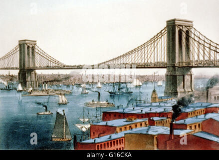 Currier & Ives lithographie intitulée : "Le pont de la rivière Grand est : pour connecter les villes de New York et Brooklyn, 1872.' Le Pont de Brooklyn est l'un des plus anciens ponts suspendus des États-Unis. Achevé en 1883, il relie les quartiers de Manhatt Banque D'Images