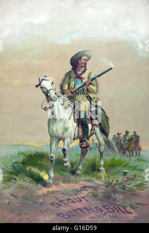 Buffalo Bill à cheval, tenant un fusil de fumer, en face de soldats à cheval. Lithographie de Paul Frenzeny circa 1872-90. William Frederick "Buffalo Bill" Cody (26 février 1846 - 10 janvier 1917) était un soldat américain, bison hunter et showman. Banque D'Images