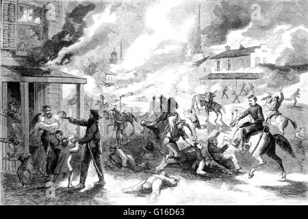 Intitulé : "La destruction de la ville de Lawrence, Kansas, et le massacre de ses habitants par les rebelles de la guérilla, le 21 août 1863.' Gravure fut publiée dans le Harper's Weekly, 5 septembre 1863. William Quantrill's raid sur la ville de l'état-libre Lawrenc Banque D'Images