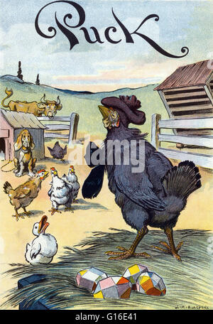 Intitulé : 'Rondelle Pâques'. Chromolithographie montre un poulet portant un béret et un grand arc, debout sur un nid à l'aide de quatre couleurs (angulaire) cubiste des œufs. D'autres poulets, canards, chien, et une vache observer avec l'air interrogateur sur leur visage." était une rondelle Banque D'Images