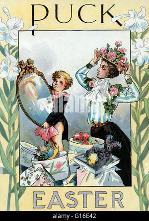 Intitulé : 'Rondelle Pâques'. Chromolithographie montre une rondelle d'un miroir à la jeune femme essayant sur un capot de Pâques ; ils sont debout parmi plusieurs boîtes hat, certains montrant bonnets.' Puck a été le premier magazine de l'humour avec succès Banque D'Images