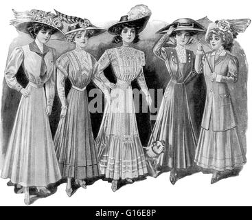 Intitulé : "ready-made la mode féminine des années 1900." La mode est un élément distinctif et souvent tendance habituelle dans le style de robes d'une personne. C'est l'opinion dominante dans les styles de comportement et la dernière des créations de designers textiles. Avant le milieu du 19ème siècle, Banque D'Images