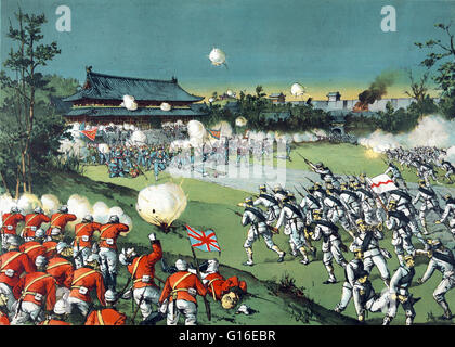 Intitulé : "La chute du château de Pékin, l'armée ennemie d'être battus à l'écart de l'imperial château par les armées alliées." montre les armées alliées s'avancer vers le boxeur des forces à l'extérieur le château impérial à Beijing, Chine. En juin 1900, les forces de Boxer Banque D'Images