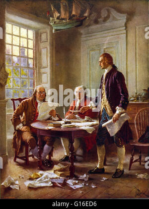 Intitulé : 'écrit la déclaration d'indépendance, 1776.' montre Franklin, Adams et Jefferson Jefferson's réunion au logement, à l'angle des septième et élevé (marché) rues de Philadelphie, pour examiner un projet de déclaration de l'indépendance. Sur J Banque D'Images