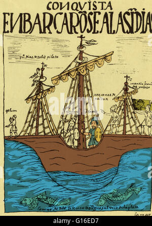 Illustration d'un début de 17e siècle codex péruvien représentant une flotte de navires barré par le conquistador espagnol Francisco Pizarro. Francisco Pizarro Gonzalez (ch. 1471 ou 1476 - 26 juin 1541) était un conquistador espagnol qui a conquis l'Empire Inca. Banque D'Images