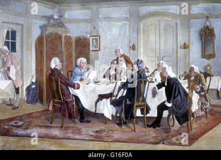 "Kant et ses camarades à la table' Emil Doerstling, 1900. Emmanuel Kant (Avril 22, 1724 - février 12, 1804) était un philosophe allemand qui fait des recherches, donné des conférences et a écrit sur la philosophie et l'anthropologie au siècle des lumières à la fin du 18e siècle Banque D'Images