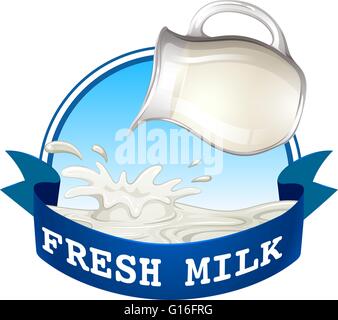 Verser le lait frais avec texte du ruban bleu Illustration de Vecteur