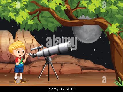 Boy looking through telescope de nuit illustration Illustration de Vecteur