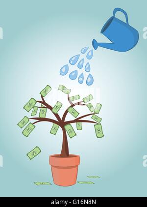 Vector illustration d'arrosage peut bleu argent billet de dollar tree en pot. de l'entreprise Financement de l'investissement d'argent. concepts eps 10 Illustration de Vecteur