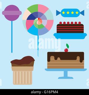 Carte avec crème au chocolat bonbons gâteaux et bonbons colorés, sur fond bleu. Digital image vectorielle. Illustration de Vecteur