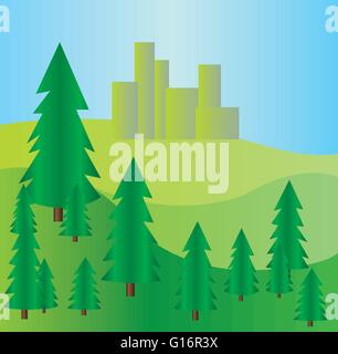 Pins à montagne paysage avec ciel bleu. Illustration vecteur de fond numérique. Illustration de Vecteur