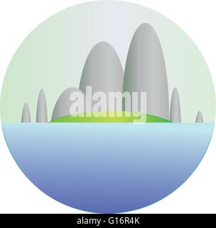 Silver hills avec des champs verts et mer section dans un cadre rond. Illustration vecteur de fond numérique. Illustration de Vecteur