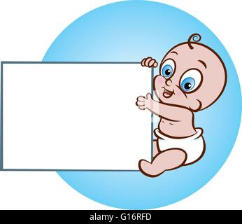 Vector illustration of cute baby sitting tenant une bannière blanche sur fond bleu Illustration de Vecteur