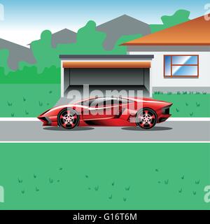 Sport de luxe rouge voiture garée à côté d'une maison avec un garage. Maison de banlieue vue paysage. Campagne de publicité pour une illustration Illustration de Vecteur