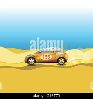 Rally dans le désert. Voiture de course safari trip. Sport car la conduite sur une route de sable. Ciel bleu et jaune sable. Vecteur numérique illustrat Illustration de Vecteur