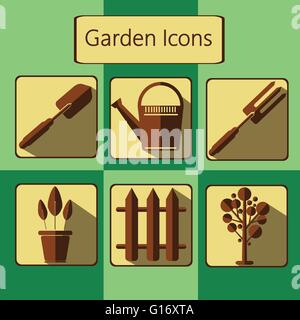 Brown icons set jardinage sur un fond vert, digital image vectorielle Illustration de Vecteur