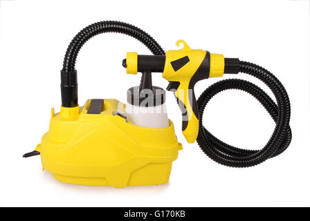Pulvérisateur de peinture jaune isolé sur fond blanc Banque D'Images