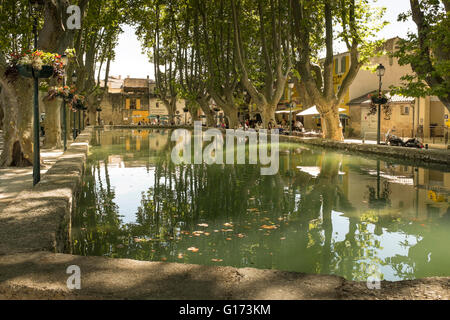 Cafés installé autour de bassin de l'étang dans le village de Cucuron, Luberon, Vaucluse, Provence-Alpes-Cote d'azur , france Banque D'Images