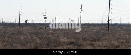 Lignes électriques et chevalets de pompage dans l'ouest du Texas. Banque D'Images