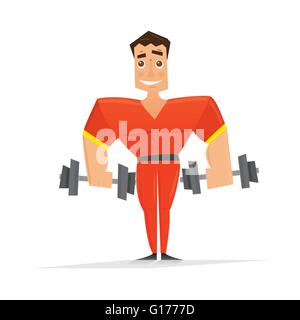 L'homme en rouge avec haltères isolé sur fond blanc. Vector illustration. Sportsman avec sourire. Garçon tenir haltères en mains. Illustration de Vecteur