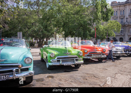 La HAVANE, CUBA - 18 avril : American Vintage voitures garées dans la rue principale de la vieille ville de La Havane, le 18 avril 2016 à La Havane Banque D'Images