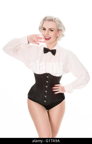 Danseuse burlesque mignon en noeud papillon, stretch shirt & corset, isolated on white Banque D'Images