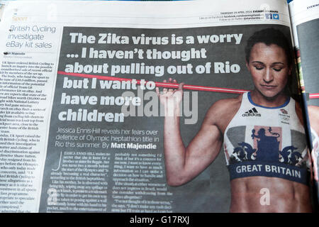 Jessica Ennis article sur jeux de Rio et Zika Virus dans le journal Evening Standard 28 Avril 2016 London UK Banque D'Images