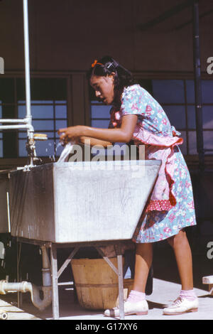 Jeune femme à la blanchisserie communautaire, Farm Security Administration (FSA) Camp, Robstown, Texas, USA, Arthur Rothstein pour Farm Security Administration, Janvier 1942 Banque D'Images