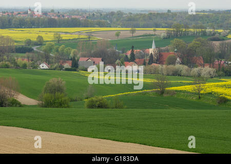 Village vallonné entre les champs colorés en germination ondulé printemps Dru Basse Silésie Pologne Banque D'Images