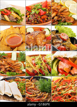 Collage d'un assortiment de plats de viande ou de poisson closeup Banque D'Images