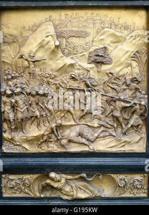 Florence, Italie. Baptistère. Détail de l'Orient (portes Les portes du paradis, 1425-1452) par Lorenzo Ghiberti montrant David terrassant Goliath Banque D'Images