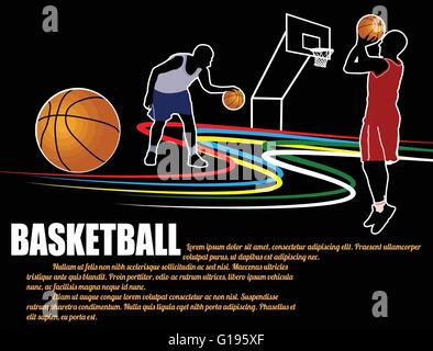 Arrière-plan de l'affiche de basket-ball avec des joueurs d'ossature sur noir, vector illustration Illustration de Vecteur