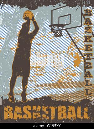 Grunge background avec l'affiche de basket-ball player silhouette, vector illustration Illustration de Vecteur