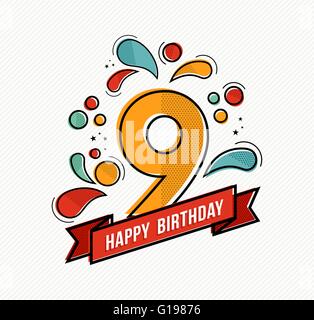 Joyeux anniversaire numéro 9, cartes de vœux pour l'an neuf dans l'art moderne ligne plate avec des formes géométriques. Illustration de Vecteur