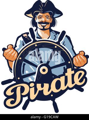 Jolly pirate à la barre du navire. vector illustration Illustration de Vecteur