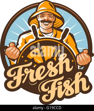 Poisson frais. Pêcheur à la barre d'un bateau de pêche. vector illustration Illustration de Vecteur