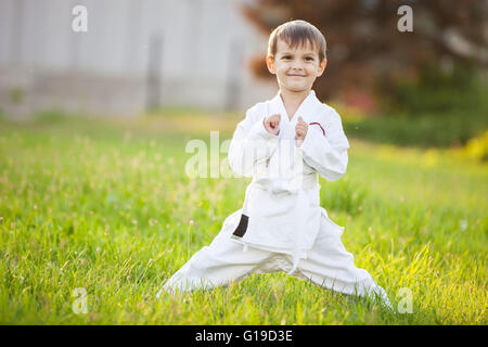 Smiling little boy en kimono de permanent Banque D'Images