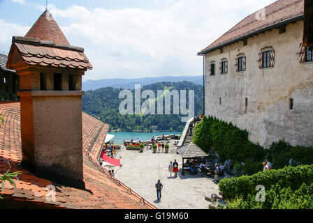 Le Château de Bled est un château médiéval construit sur un surplomb au-dessus de la ville de Bled en Slovénie, surplombant le lac de Bled. Banque D'Images